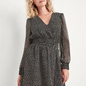 Old Navy Waist-Defined Chiffon Mini Dress – Black Floral – Long Sleeve – Size L